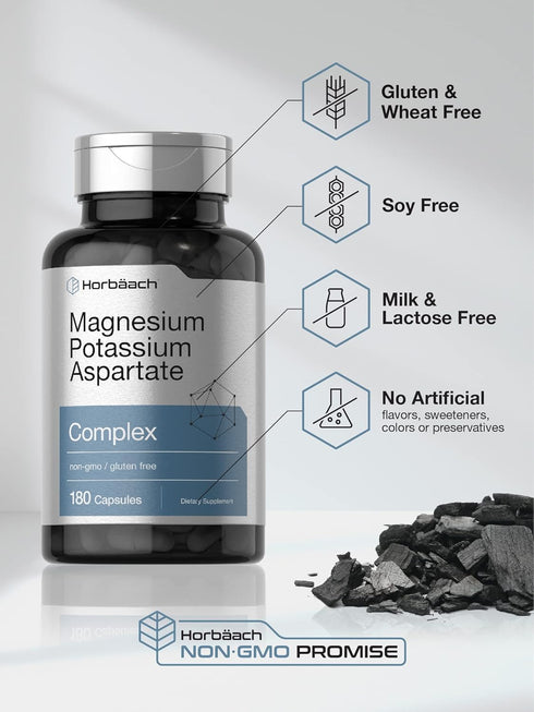 Horbaach Magnesium Potassium Aspartate Complex, 180 Capsules, Non-GMO and Gluten Free