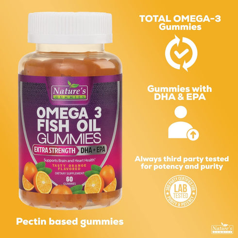 Omega 3 Fish Oil Gummies - 60 Gummies - Extra Strength for Joint, Heart & Brain Support - Orange Flavor