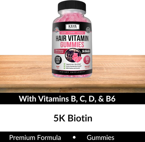 Kaya Naturals Hair Growth Gummies - Biotin 5000mcg Vitamins for Healthy Hair, Skin, Nails - 120 Count