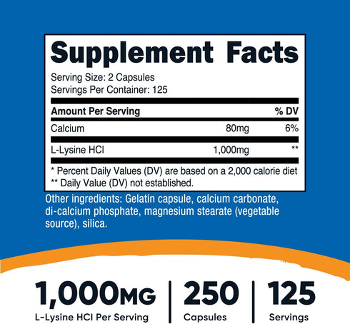 Nutricost L-Lysine 1000mg, 250 Capsules, Gluten Free, Non-GMO