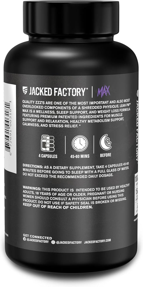 Jacked Factory Lean PM Max - High-Performance Fat Burner & Sleep Support for Men and Women (120 Diet Pills)
