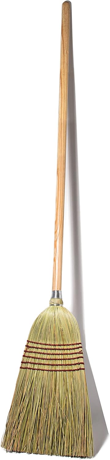 Corn Broom with Wood Handle, Heavy Duty Indoor Outdoor Broom with 1 1/4 Inch Handle