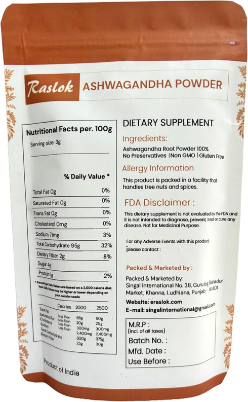 Ashwagandha Root Powder - Finest Grade A Non-GMO, Vegan & Raw from India (3.52 Oz)