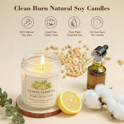 Set, 6 Pack 7oz Scented Candle Gift Natural Soy Wax Aromatherapy Candles, Coconut Vanilla Lemon Verbena Fresh Linen