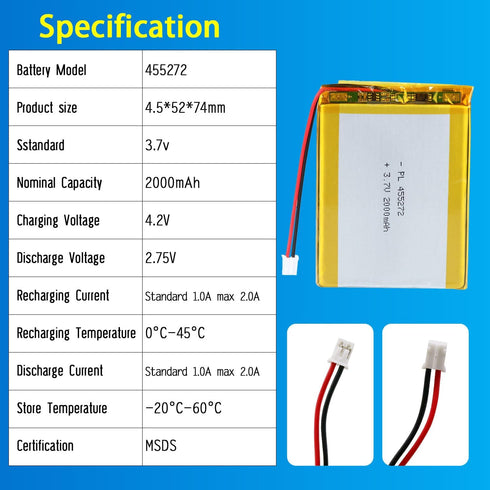 455272 3.7V Lipo Battery, 2000mAh Rechargeable Lithium Polymer Battery Pack with JST PH2.0mm Connector for Electronic