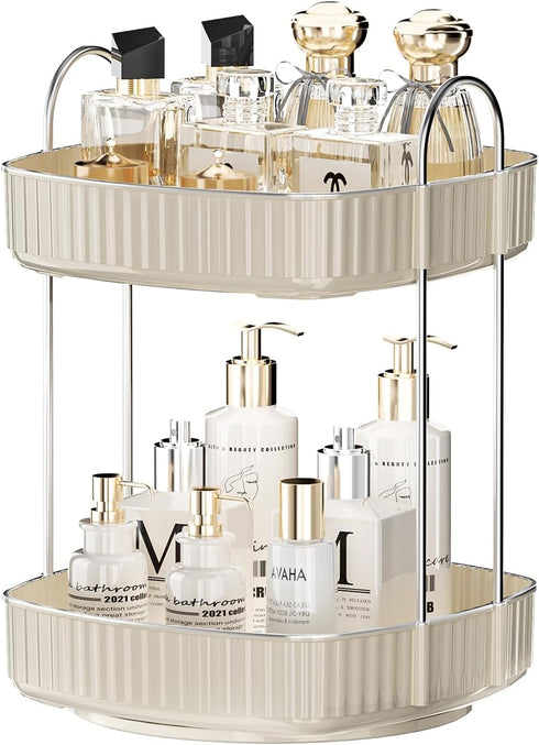 YCIA&DONE 360 Rotating Makeup Organizer - 2 Tiers Square Shaped Vanity Storage in Warm White