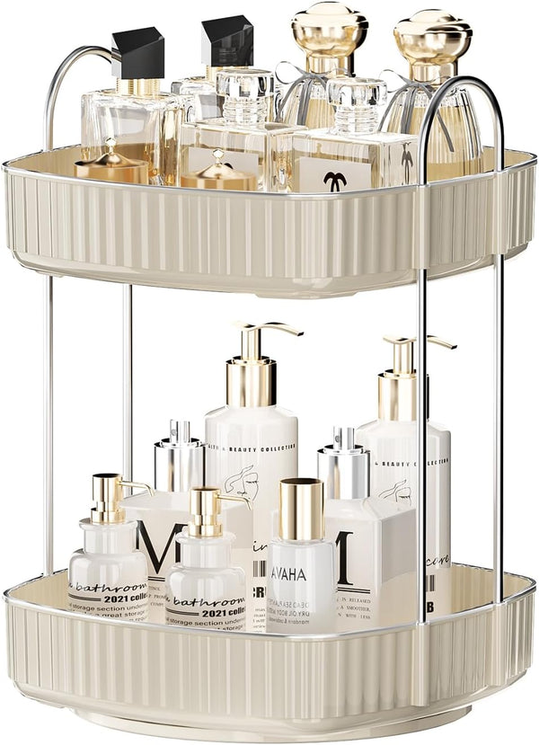 YCIA&DONE 360 Rotating Makeup Organizer - 2 Tiers Square Shaped Vanity Storage in Warm White