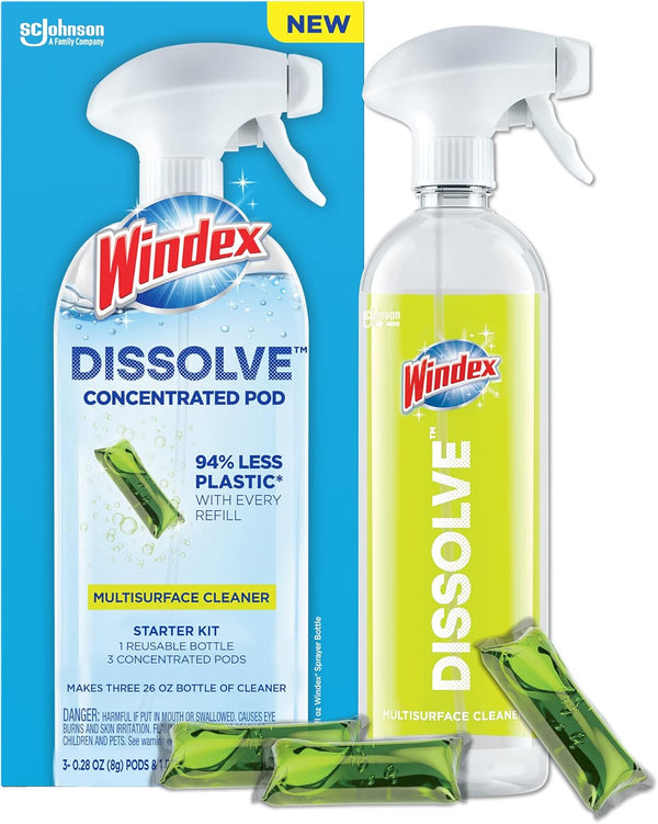Windex Dissolve Concentrated Pods, Multisurface Cleaner Starter Kit, 1 Reusable Bottle, 3 Concentrated Pods