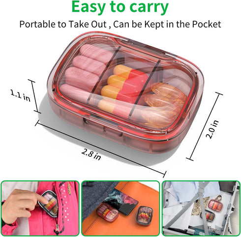 TecQach 2 Pack 3 Compartment Small Pill Box, Moisture Proof Pill Case, Travel Pill Organizer for Pocket Purse, Daily