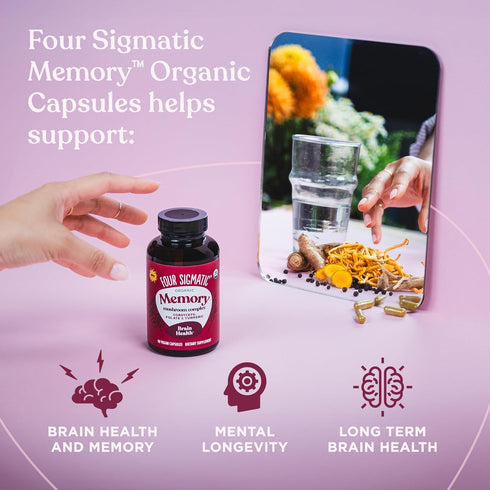 Four Sigmatic Memory Capsules, Nootropic Memory Supplement for Brain Support with Cordyceps Mushroom, Gotu Kola,