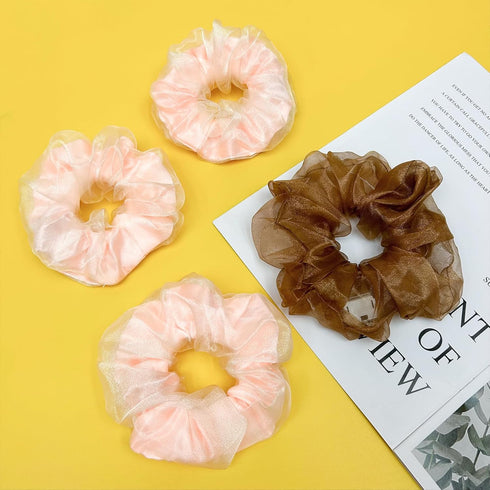 Light Up Scrunchies, LED Glow in the Dark Hair Ties for Neon Party, Fun Hair Accessories (4Pcs-Pink+brown)