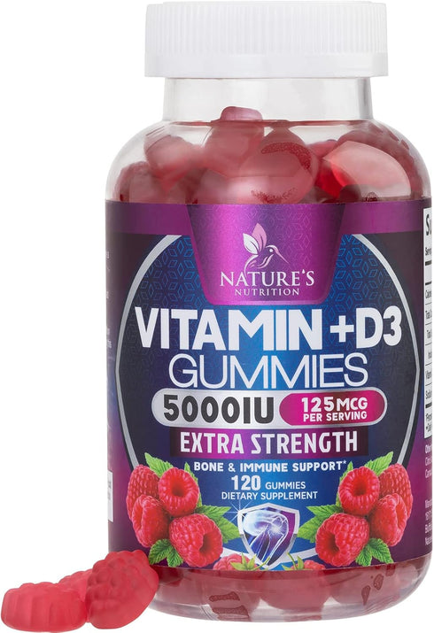 Vitamin D3 Gummies 5,000 IU, 120 Gummies, Extra Strength for Bone Health and Immune Support, Non-GMO, Tasty Gummy