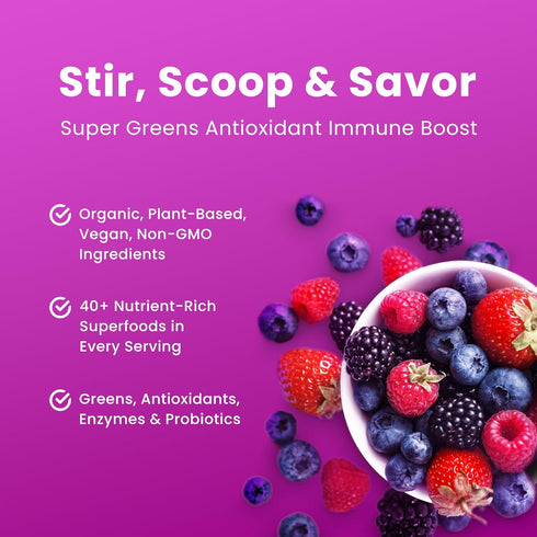 Super Greens Powder Premium Antioxidant Superfood | Organic Greens, Fruit & Veggie Vegan Supplement | Sweet Berry Flavor