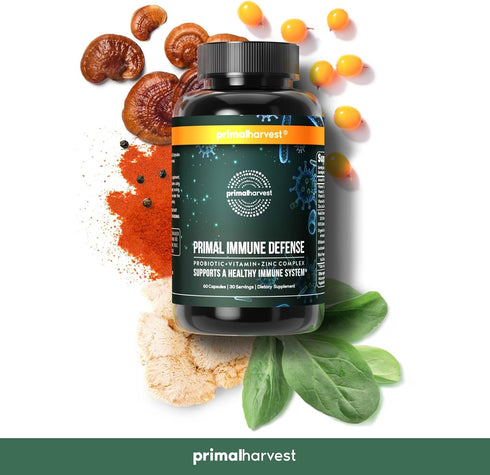 Primal Harvest Primal Immune Defense - 60 Capsules, 10-in-1 Immune Defense Supplement with Probiotics