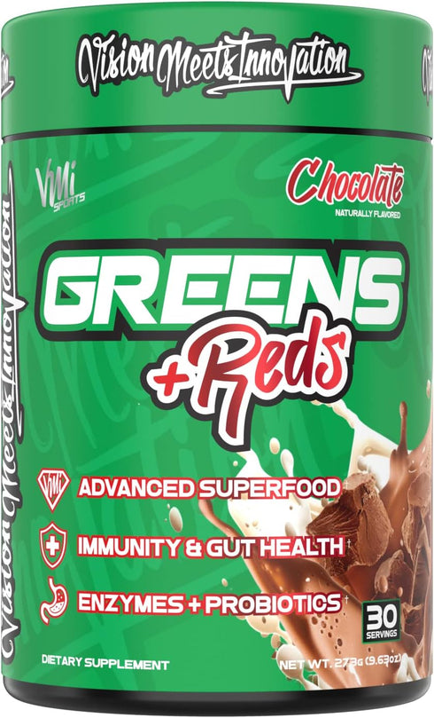 VMI Sports Greens + Reds Superfood for Immunity and Gut Health, 30 Servings (Chocolate)