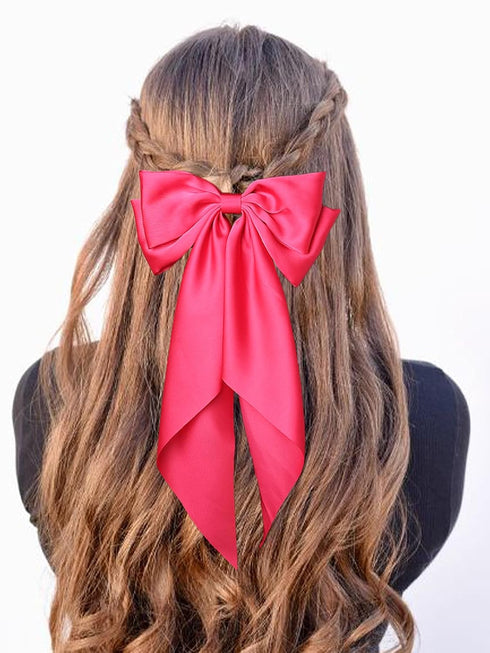 Satin Big Hair Bows Clips for Women, Large Hot Pink Hair Accessories, Pack of 2