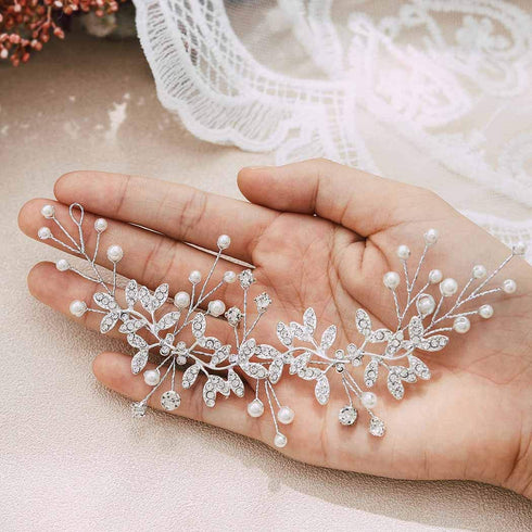 Unsutuo Silver Rhinestone Crystal Bridal Headband, Wedding Hair Vine Pearls for Women and Girls