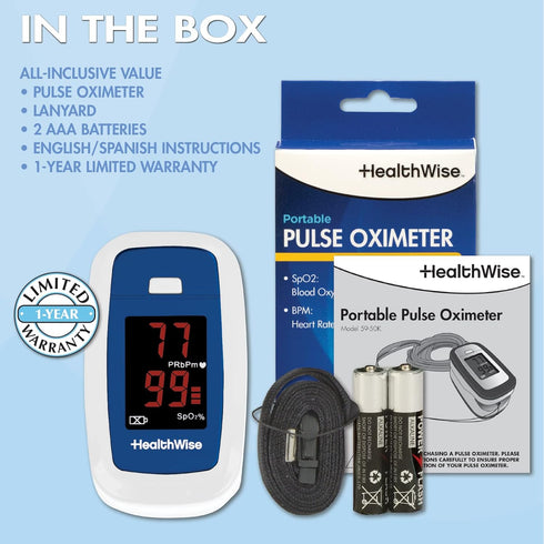 HealthWise Pulse Oximeter - Blood Oxygen Saturation Monitor with Lanyard and Batteries for Portable Spot-Check