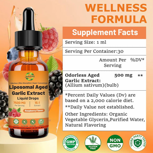 JUIWEFKK 500 15:1 Immune Aged Garlic Extract Liquid Drop mg per Serving, Extract, Odorless, Liposomal Technology