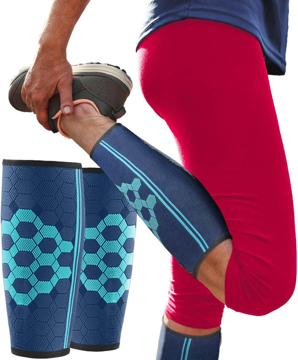 Sparthos Calf Compression Sleeves (Pair), Leg Compression Socks for Men and Women, Shin Splint Pain Relief (Blue-M)