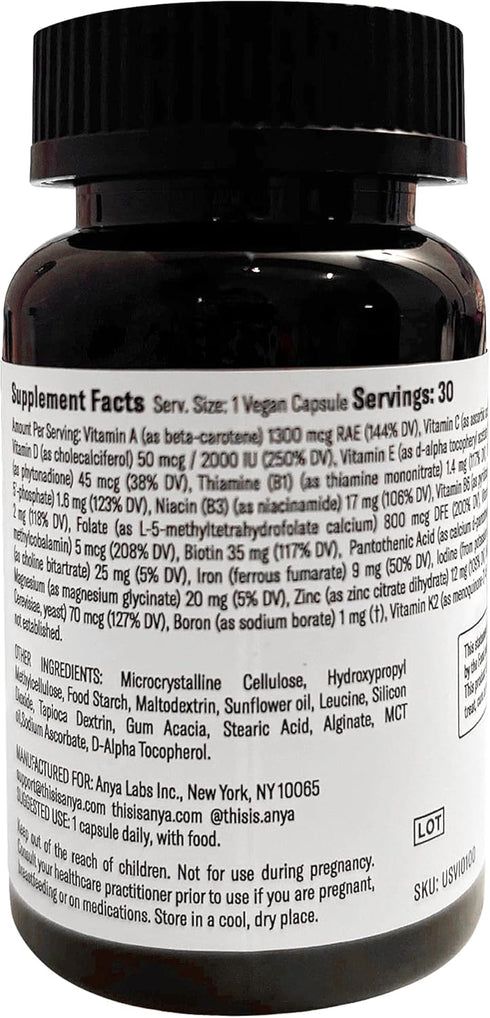 ANYA Postnatal Multivitamin for New Moms’ Recovery & Breastfeeding Support, 30 Count - Vegan, Non-GMO, Gluten & Dairy