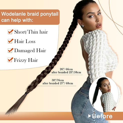 Long Braided Ponytail Extension - Dark Brown Straight Wrap Around Braid for Women Daily Wear (30 inch)