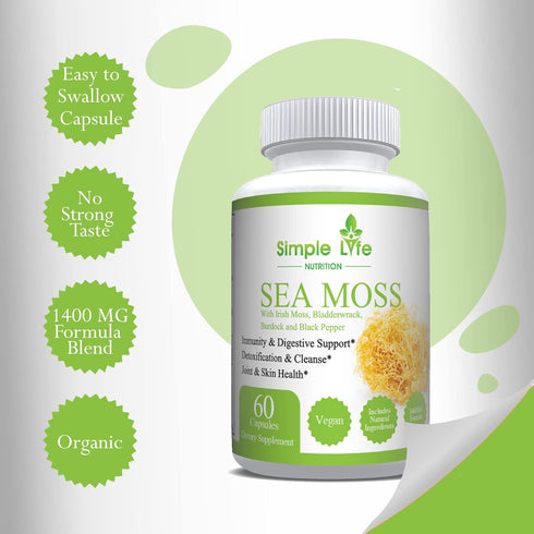 Organic Irish Sea Moss Capsules 1400MG with Burdock Root, Bladderwrack & Black Pepper, 60CT Supplement