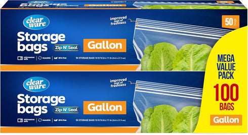 Gallon Storage Bags - 100 Count Double Zipper Seal, Reusable Thick Food Plastic Storage Bags, Microwave-Safe, Zero BPA