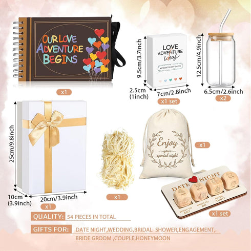 Reallnaive 54 Pcs Date Night Gift Box for Couple Girlfriend Boyfriend Scratch Off Date Night Dice Cards Book Glasses