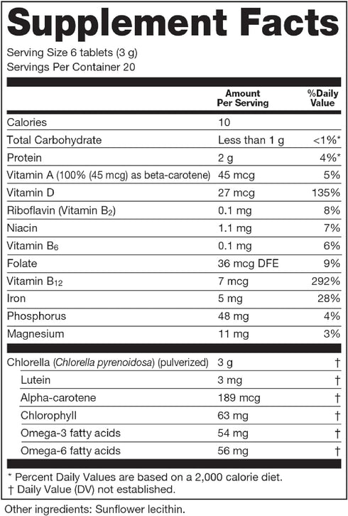 Sun Chlorella 500mg Whole Body Wellness Green Algae Superfood Supplement - 120 Tablets for Immune Defense and Gut Health