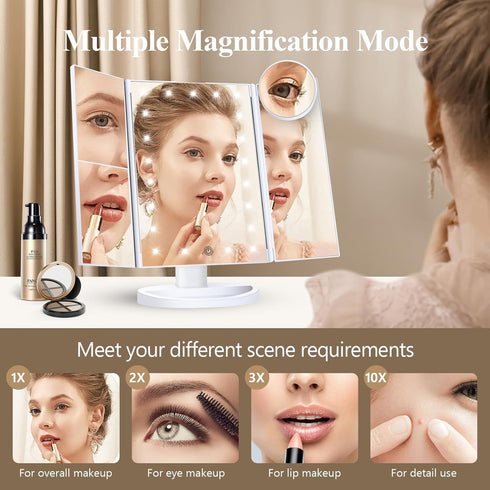Makeup Mirror Vanity Mirror with Lights, 2X 3X 10X Magnification, Touch Control, Portable LED Makeup Mirror