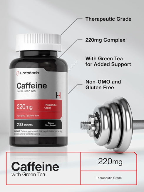 Horbaach Caffeine Pills - 200mg with Green Tea, 200 Tablets, Vegetarian, Non-GMO & Gluten Free