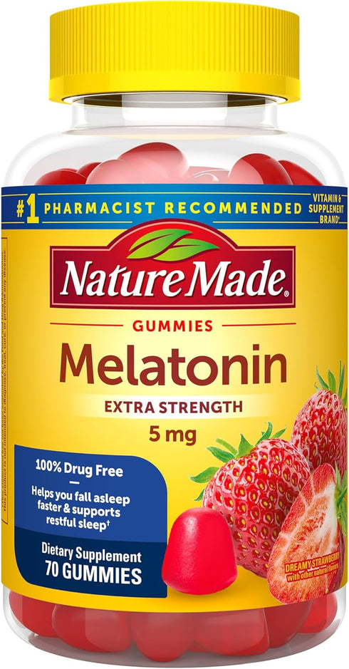Nature Made Melatonin 5mg Extra Strength Gummies - 100% Drug Free Sleep Aid for Adults, 70 Day Supply