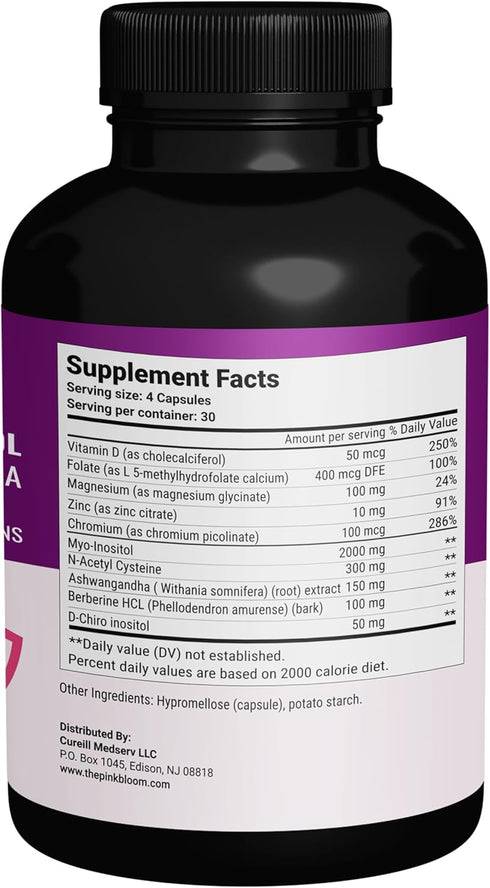 The Pink Bloom 40:1 120 Myo & D-Chiro Inositol Ratio Capsules | Myo Inositol Supplement for Women with Vitamin D