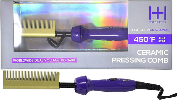 Hot & Hotter Ceramic Electrical Pressing Comb, Purple & Gold, Up to 450°F, 360° Swivel Cord, Worldwide Dual Voltage