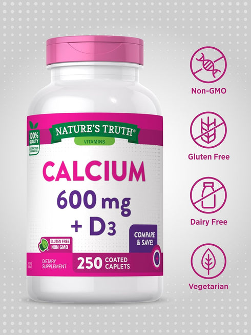 Nature's Truth Calcium 600mg with Vitamin D3, 250 Tablets, Vegetarian, Non-GMO & Gluten Free