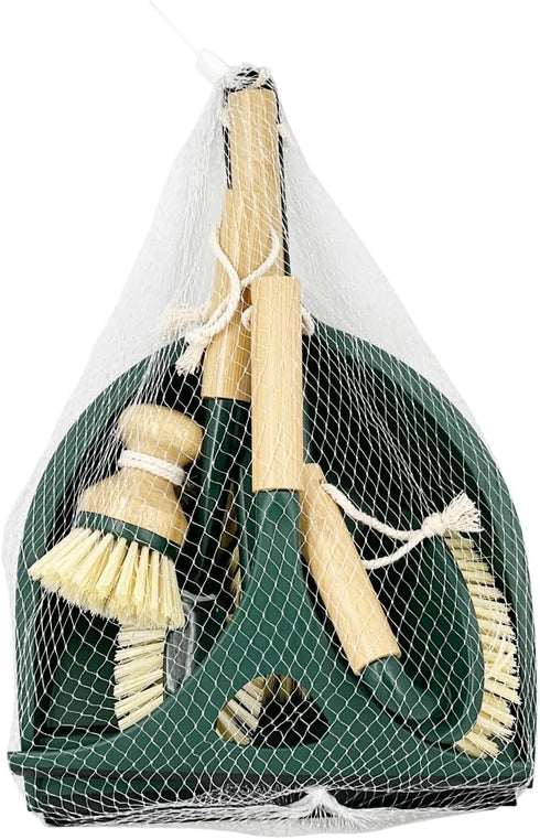 Pine-Sol Set 6 Scrub Brush Cleaning Tool - Heavy Duty Brushes with Bamboo Handles, Dustpan, Shower Squeegee
