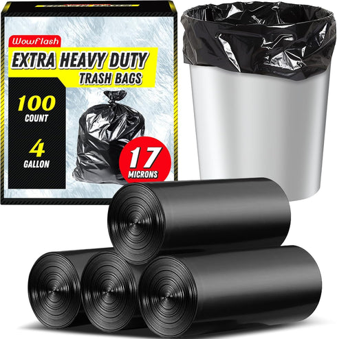 Wowflash 100 Count 17 Micron Extra Heavy Duty 4 Gallon Trash Bags, Sturdy