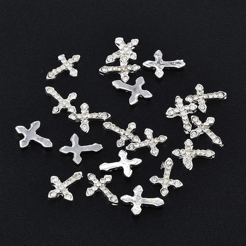 SILPECWEE 30pcs 3 Style Cross Nail Charms - 3D Silver Nail Jewels for Nail Art Decoration