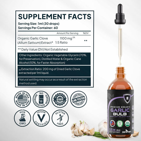 Immune 2.32 oz 60ml, Zenmen Organic Garlic Cloves Extract (Odorless Tincture) - Support, Source of Antioxidants - /