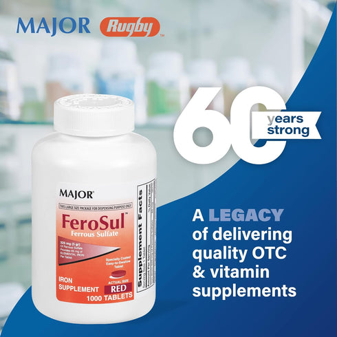 Major Ferosul Ferrous Sulfate 325mg Tablets, 100 Tablets, Iron Supplement for Women and Men