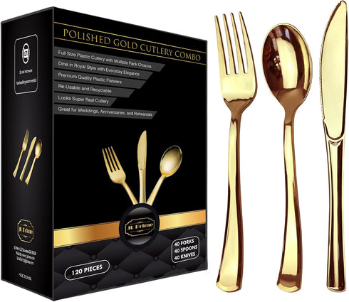 120 Piece Gold Plastic Silverware Set, Reusable & Recyclable Cutlery for Weddings and Parties (40 Forks, 40 Spoons, 40