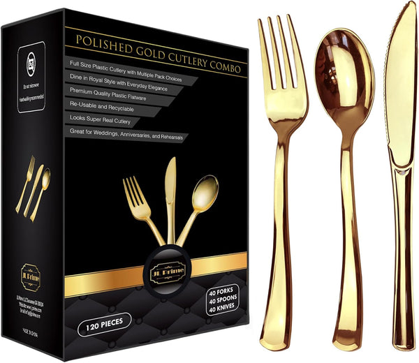 120 Piece Gold Plastic Silverware Set, Reusable & Recyclable Cutlery for Weddings and Parties (40 Forks, 40 Spoons, 40