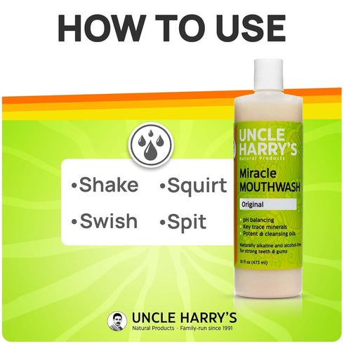 Uncle Harry's Natural Alkalizing Miracle Mouthwash - pH Balanced Oral Care for Adults & Kids - 16 fl oz - Bad Breath