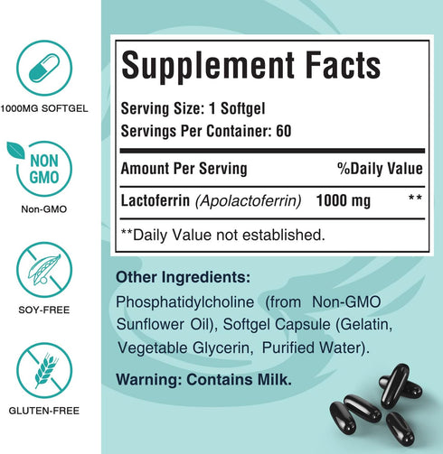 Liposomal Bovine Lactoferrin 1000 mg - Higher Absorption for Iron Absorption & Immune Function, 60 Softgels