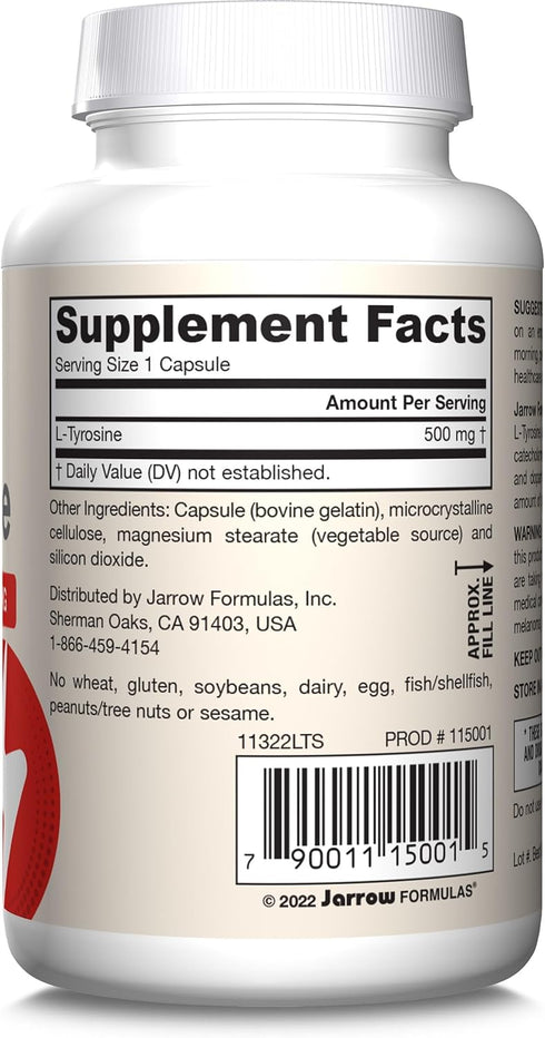 Jarrow Formulas L-Tyrosine 500 mg | 100 Capsules | Dietary Supplement for Brain Health