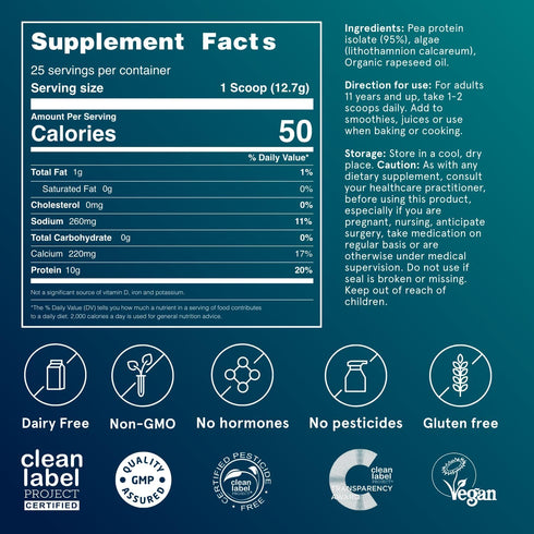 Puori Vegan Plant Protein Enhancer Powder, 25 Servings, Neutral Flavor Pea Protein with Algae Calcium