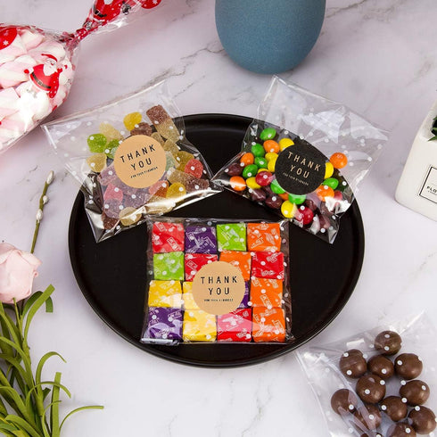 400PCS White Polka Dot Treat Bags Set, Self Adhesive Candy Cookie Bags Set, 200 Cellophane Bags + 200 Thank You