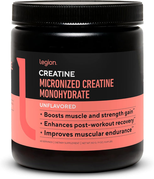 Micronized Creatine Monohydrate Supplement by LEGION - Unflavored Clean Creatine Powder for Muscle Gain (60 Servings)