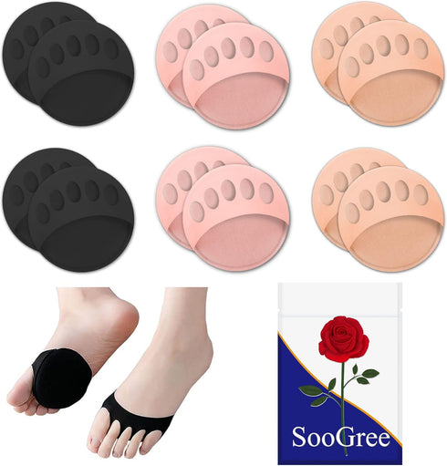 Ball of Foot Cushions for Women (6 Pairs) - Honeycomb Metatarsal Pads, Invisible Socks for Pain Relief